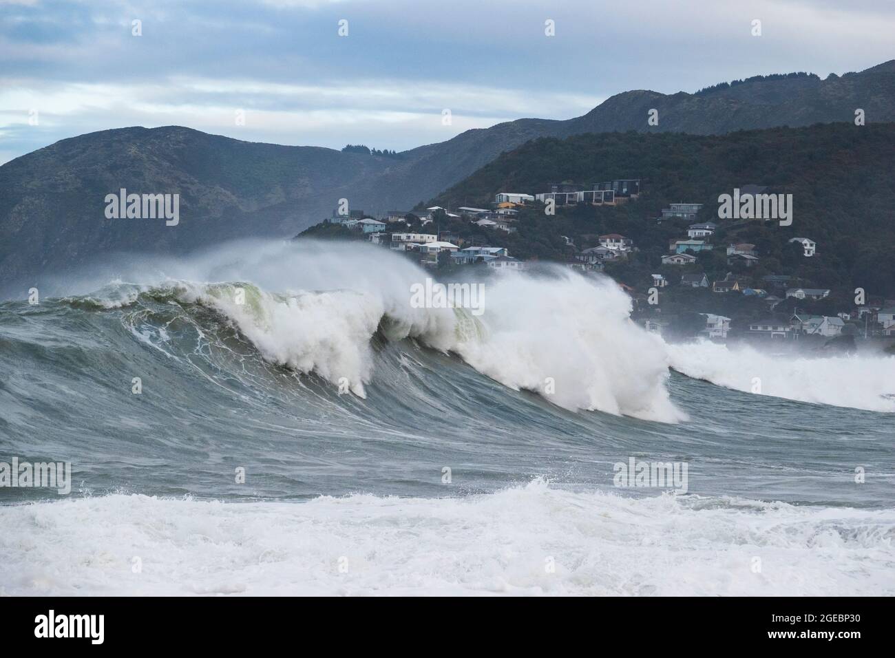 Enormes olas rompen en Houghton Bay, Wellington, Nueva Zelanda Foto de stock