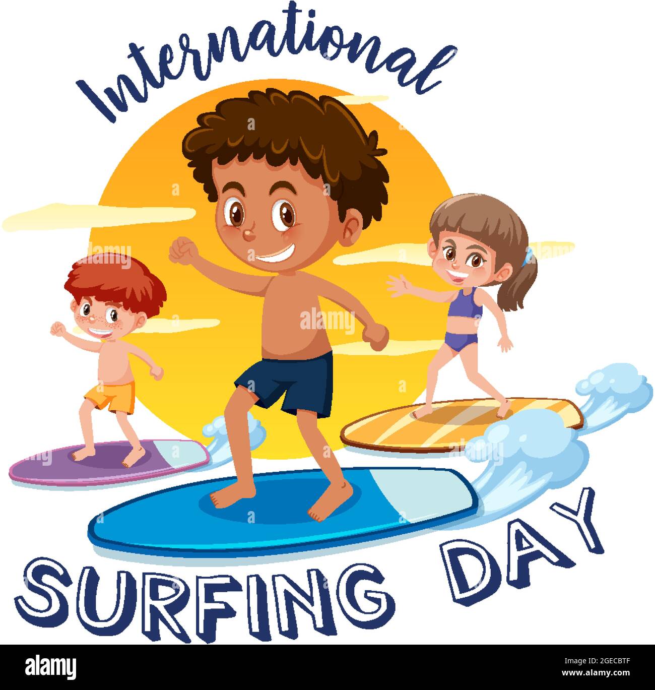 Fuente del Día Internacional del Surf con niños que practican dibujos  animados Imagen Vector de stock - Alamy