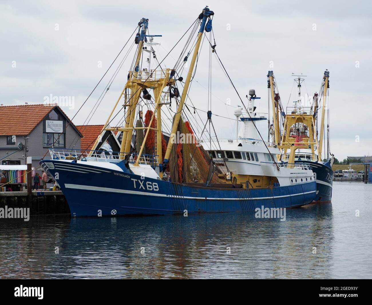 Barco pesquero TX68 en el puerto de Oudeschild en la isla de Texel, Países Bajos. Los pescadores salen el domingo por la noche y vuelven al puerto el viernes después Foto de stock