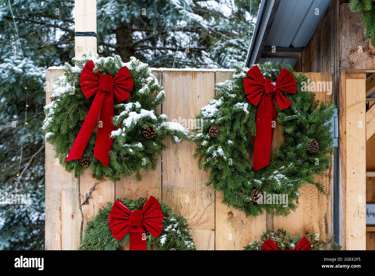 Primer plano de las coronas navideñas con cintas rojas en una pared de  madera Fotografía de stock - Alamy