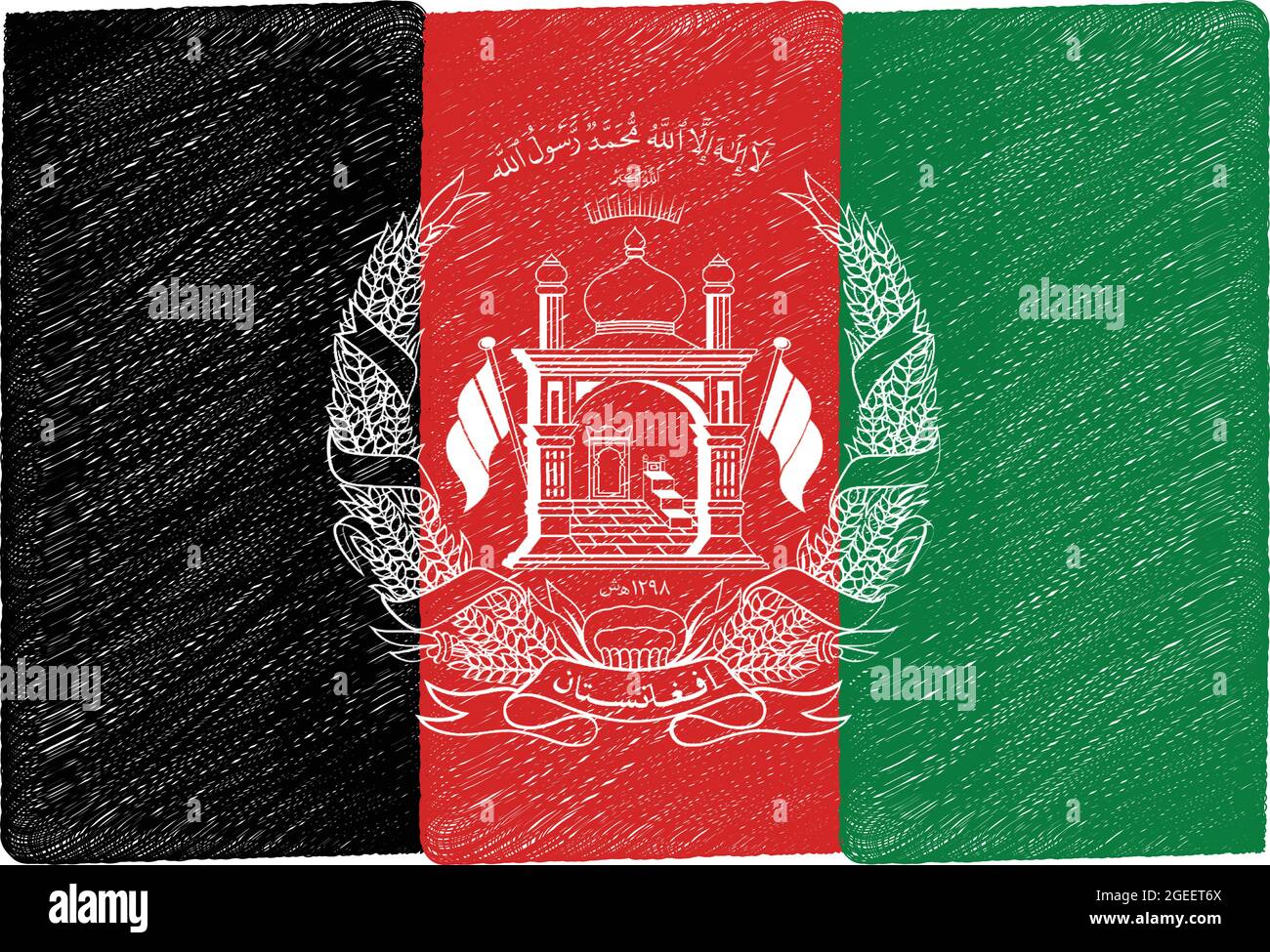 Bandera nacional de Afganistán pintura colores originales ilustración vectorial, República Islámica del Afganistán bandera nacional escudo de armas Ilustración del Vector