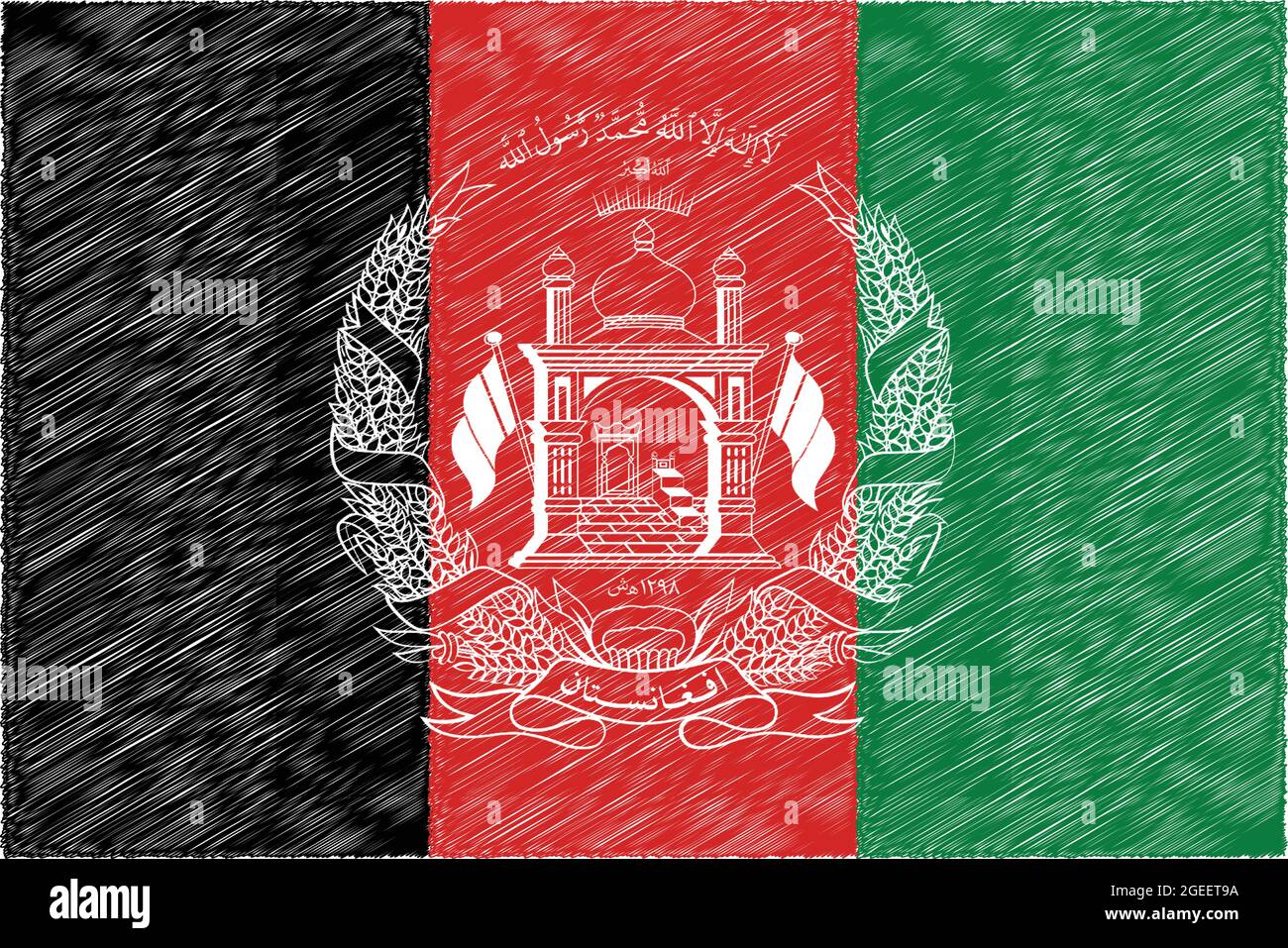 Bandera nacional de Afganistán tamaño original y colores ilustración de vectores cepillados, República Islámica del Afganistán bandera nacional escudo de armas Ilustración del Vector
