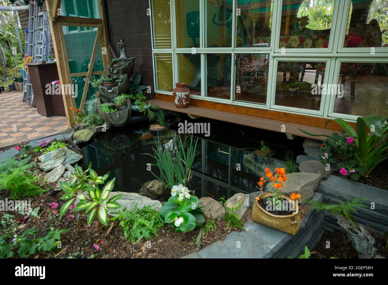 Jardín ajardinado con agua / estanque de peces rodeado de pared de ladrillo decorativo y camas elevadas jardín con helechos y flores de colores, Australia Foto de stock