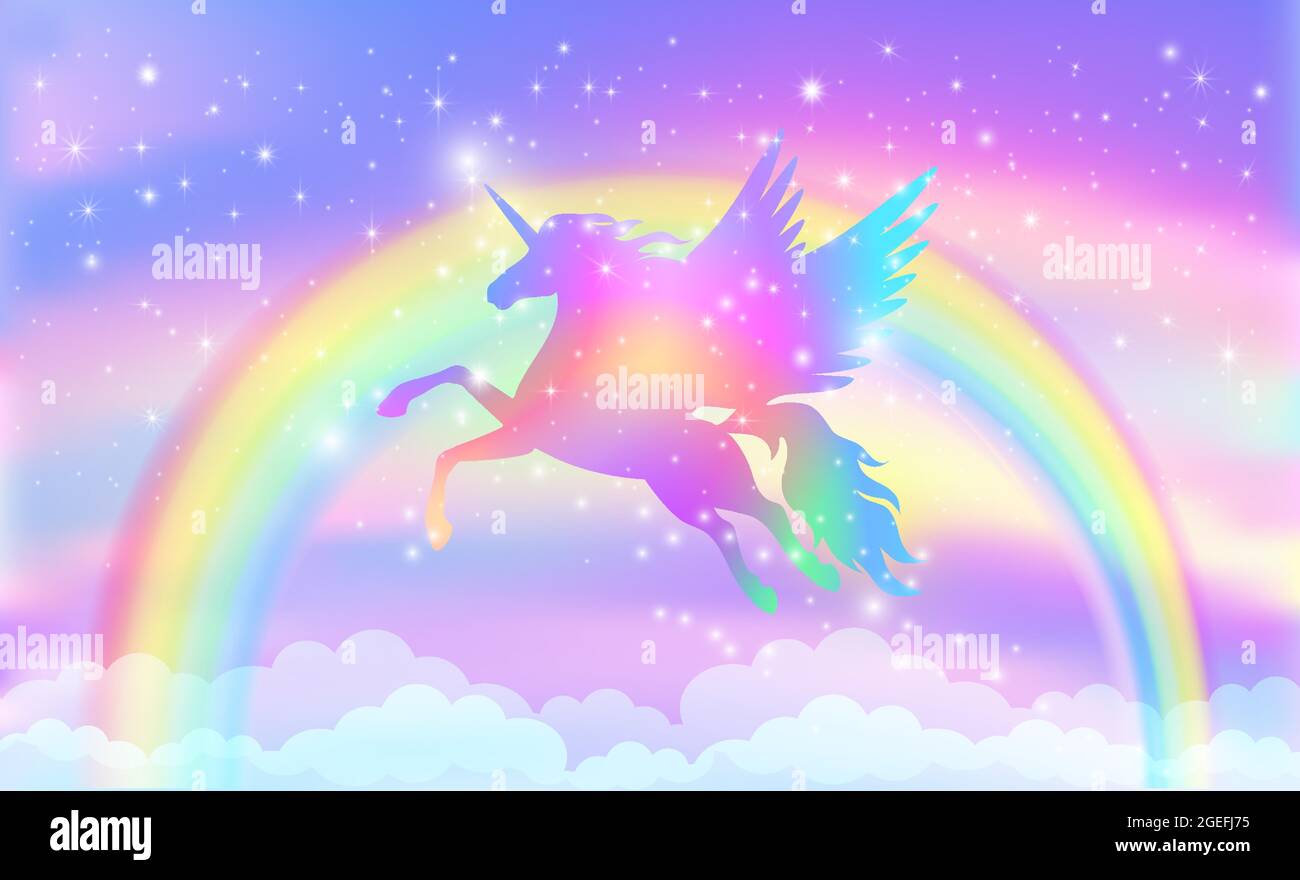 Fondo arcoiris con silueta unicornio alada con estrellas. Ilustración  vectorial de arco iris y unicornio para niños Imagen Vector de stock - Alamy