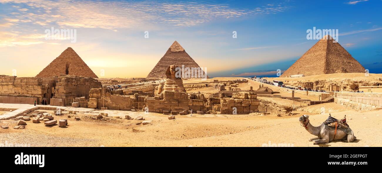 Pirámides de Giza y panorama de la Esfinge con un camello tumbado, El Cairo, Egipto Foto de stock