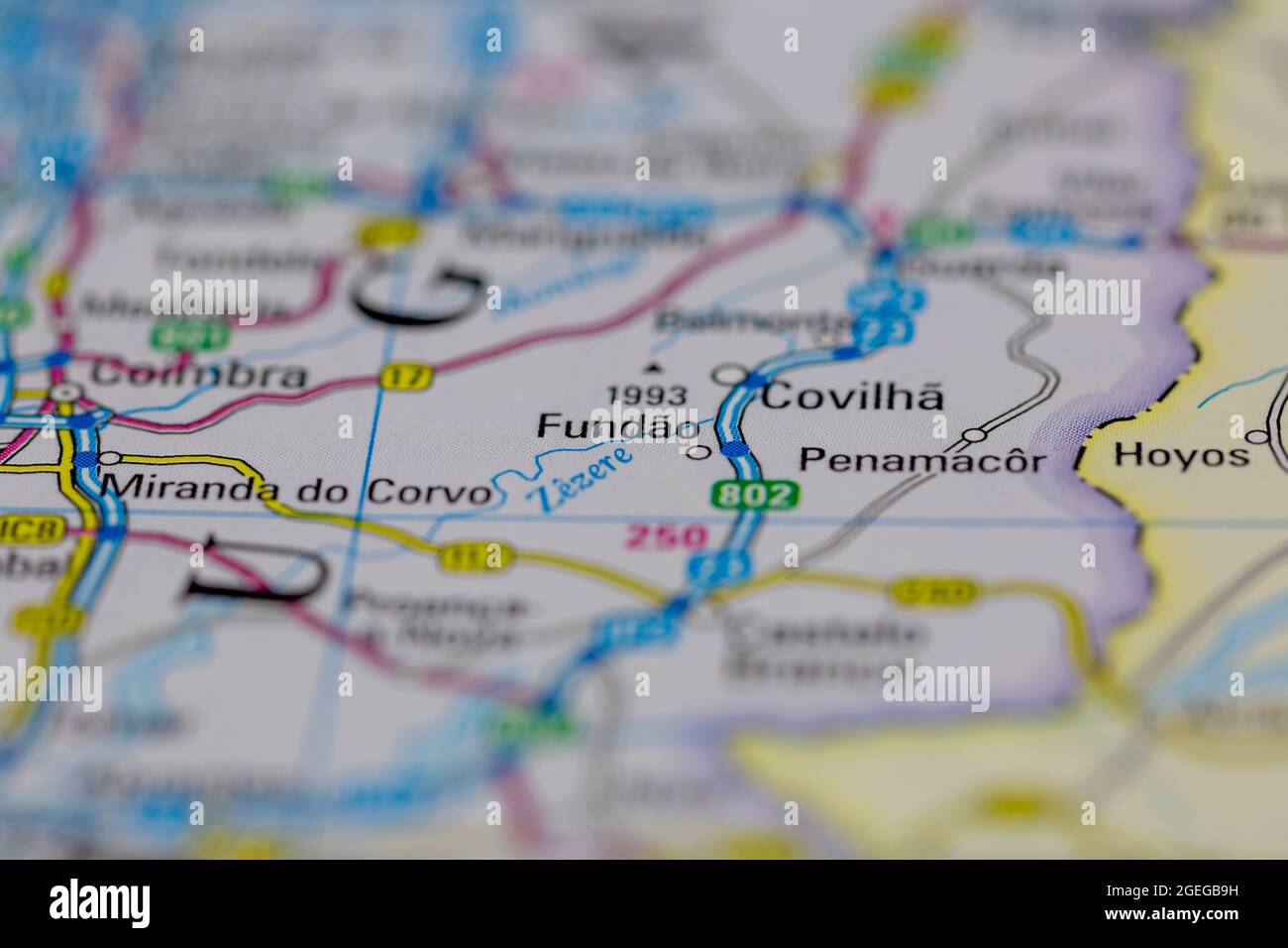 Fundao Portugal aparece en un mapa de carreteras o mapa geográfico Foto de stock