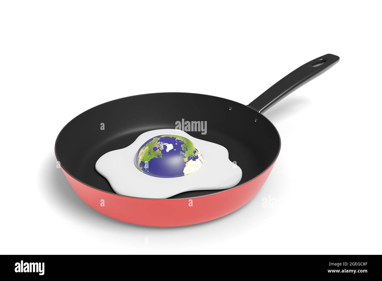 Planeta Tierra cocinar como un huevo frito en una sartén aislada sobre fondo blanco. Concepto de calentamiento global. ilustración 3d. Foto de stock