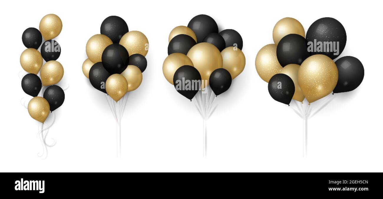 Globos dorados negros. Ramo de globos con brillos, decoración festiva  voladora aislada. Venta de bodas de 3D cumpleaños o elementos de  aniversario vector Imagen Vector de stock - Alamy