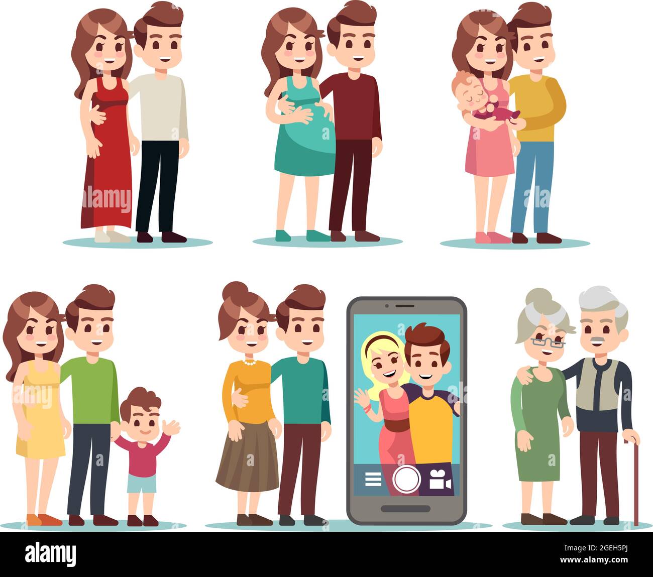 Felices Etapas Familiares Dibujos Animados Ninos Padres Mama Joven Padre Y Bebe Mujer Embarazada Aislada Videollamada Con Hijo Vector De Diferentes Edades Hembra Macho Imagen Vector De Stock Alamy