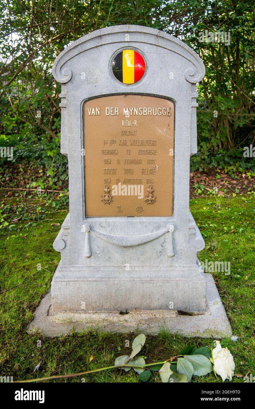 Tumba de la Primera Guerra Mundial / lápida en el cementerio militar belga de la Batalla de los Cascos de Plata / Slag der Zilveren Helmen, Halen, Limburgo, Bélgica Foto de stock
