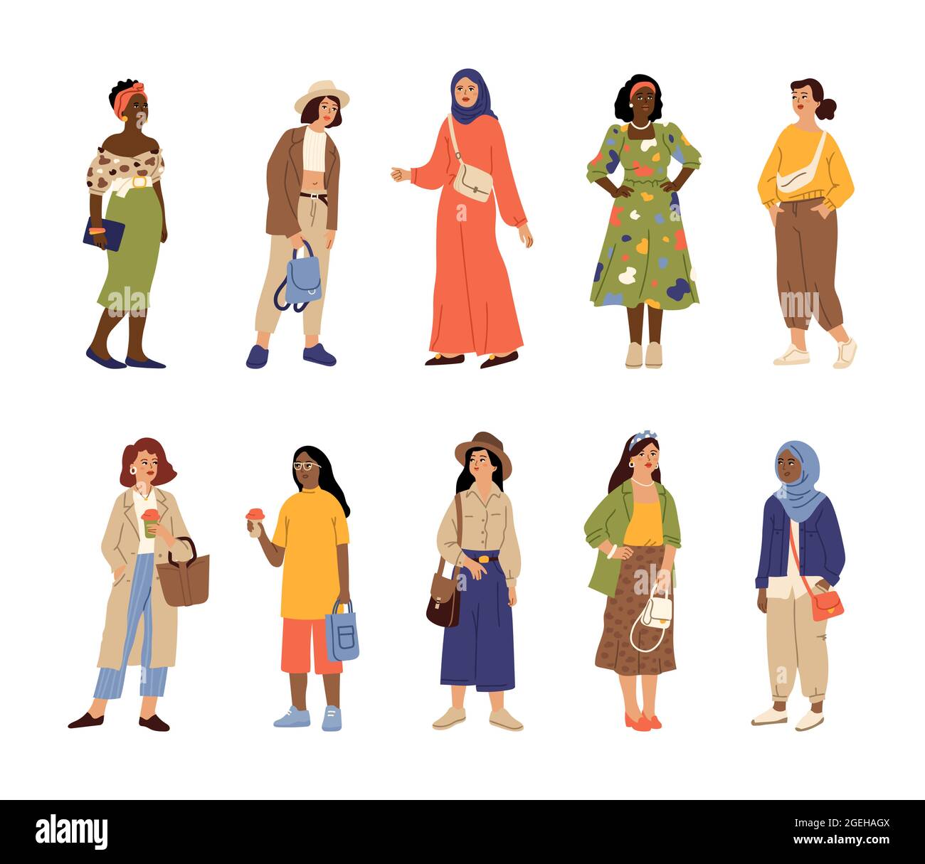 error Entretener Responder Diferentes mujeres con estilo. Mujer de estilo informal, adultos  multiculturales con ropa de moda. Moda aislada vestida feliz niñas  personajes vectores Imagen Vector de stock - Alamy