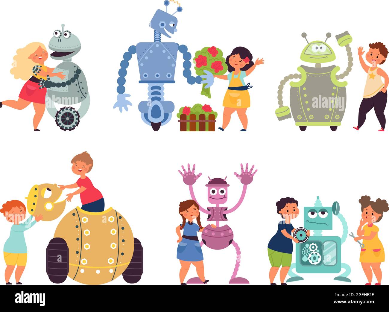 Programación de robots para niños. Robots de juguete codificando, niño con  caracteres electrónicos. Amigos de dibujos animados, niños interesante  afición decente vector conjunto Imagen Vector de stock - Alamy