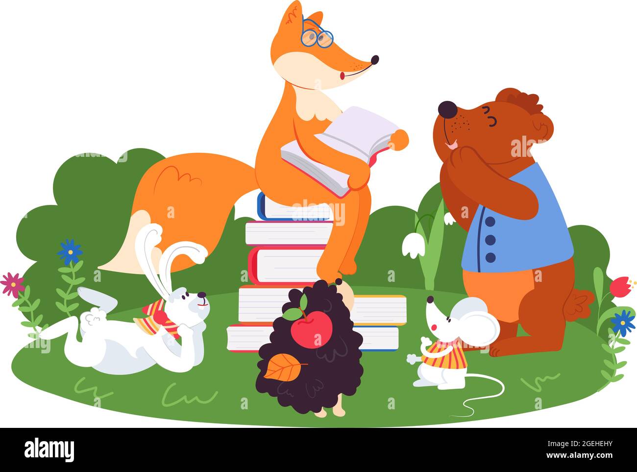 Lectura de amigos animales. Escuela de animales divertidos, conejo de zorro  de oso leer libro. Dibujos animados niños personajes de la vida silvestre  en el bosque decente vector concepto Imagen Vector de