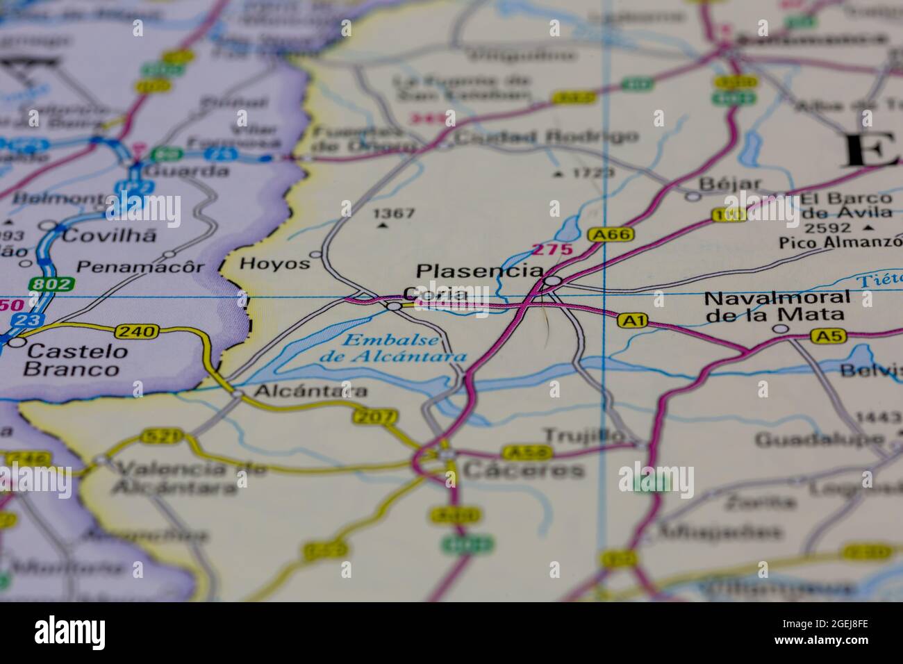 Coria España aparece en un mapa de carreteras o en un mapa geográfico Foto de stock