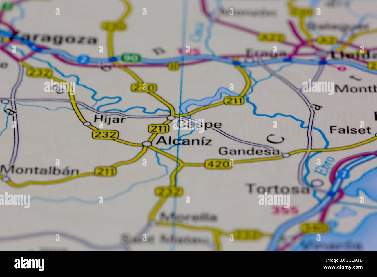 Caspe España aparece en un mapa de carreteras o en un mapa geográfico Foto de stock