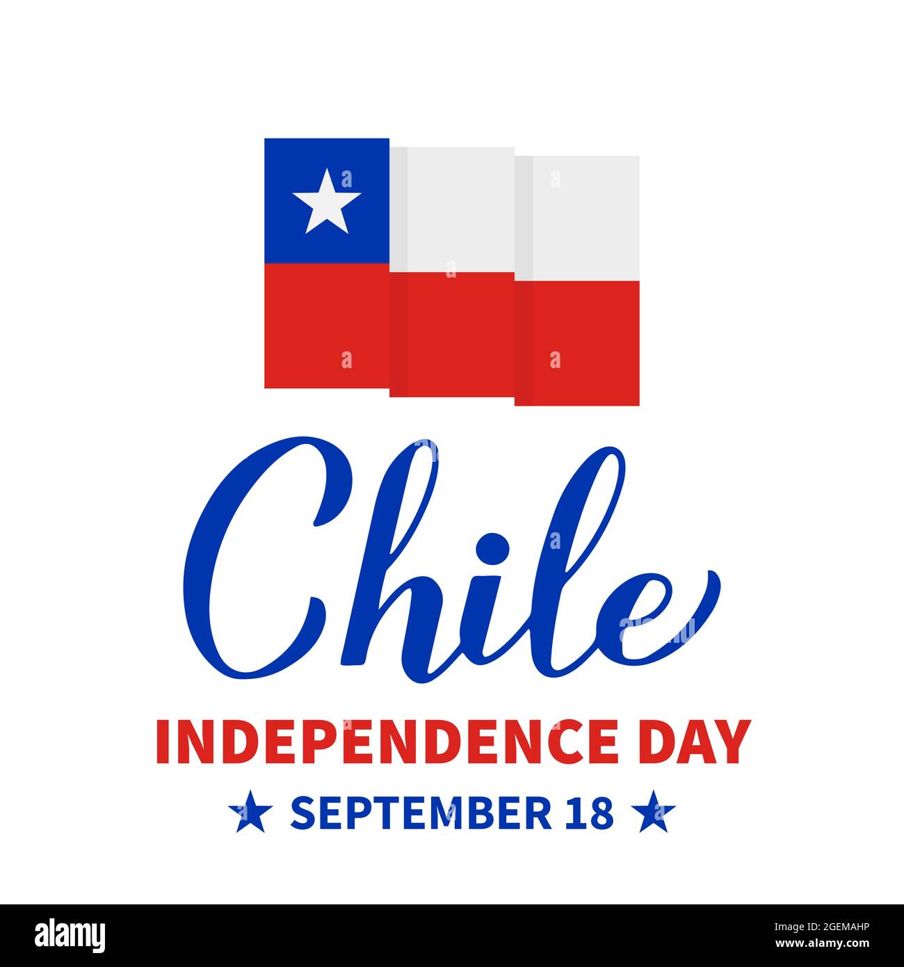 Chile Día de la Independencia letras caligráficas con bandera chilena aisladas sobre blanco
