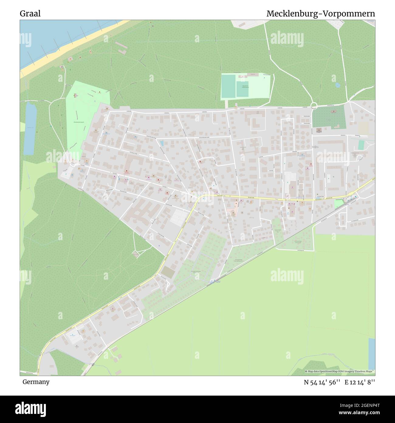 Graal, Alemania, Mecklemburgo-Pomerania Occidental, N 54 14' 56'', E 12 14' 8'', mapa, Mapa sin tiempo publicado en 2021. Viajeros, exploradores y aventureros como Florence Nightingale, David Livingstone, Ernest Shackleton, Lewis y Clark y Sherlock Holmes se basaron en mapas para planificar viajes a los rincones más remotos del mundo, Timeless Maps está trazando la mayoría de los lugares del mundo, mostrando el logro de grandes sueños Foto de stock