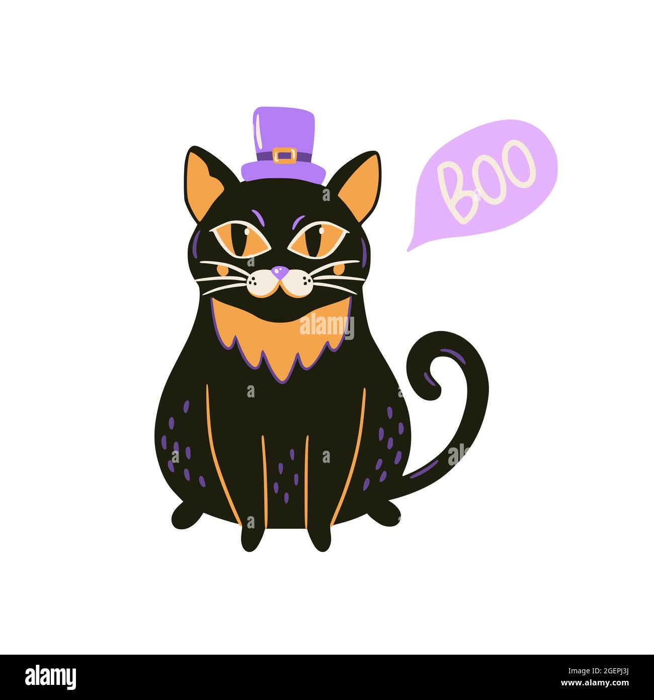 Estampado de Halloween con coqueto gato negro en el sombrero. Ilustración vectorial dibujada a mano. Perfecto para adornos de fiesta de Halloween, diseño de póster y camiseta. Ilustración del Vector
