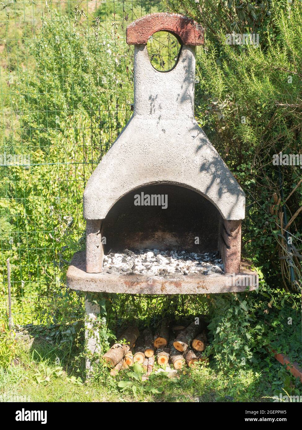 Barbacoa de hormigón refractario de mampostería equipada para quemar madera y carbón rodeado de vegetación Foto de stock