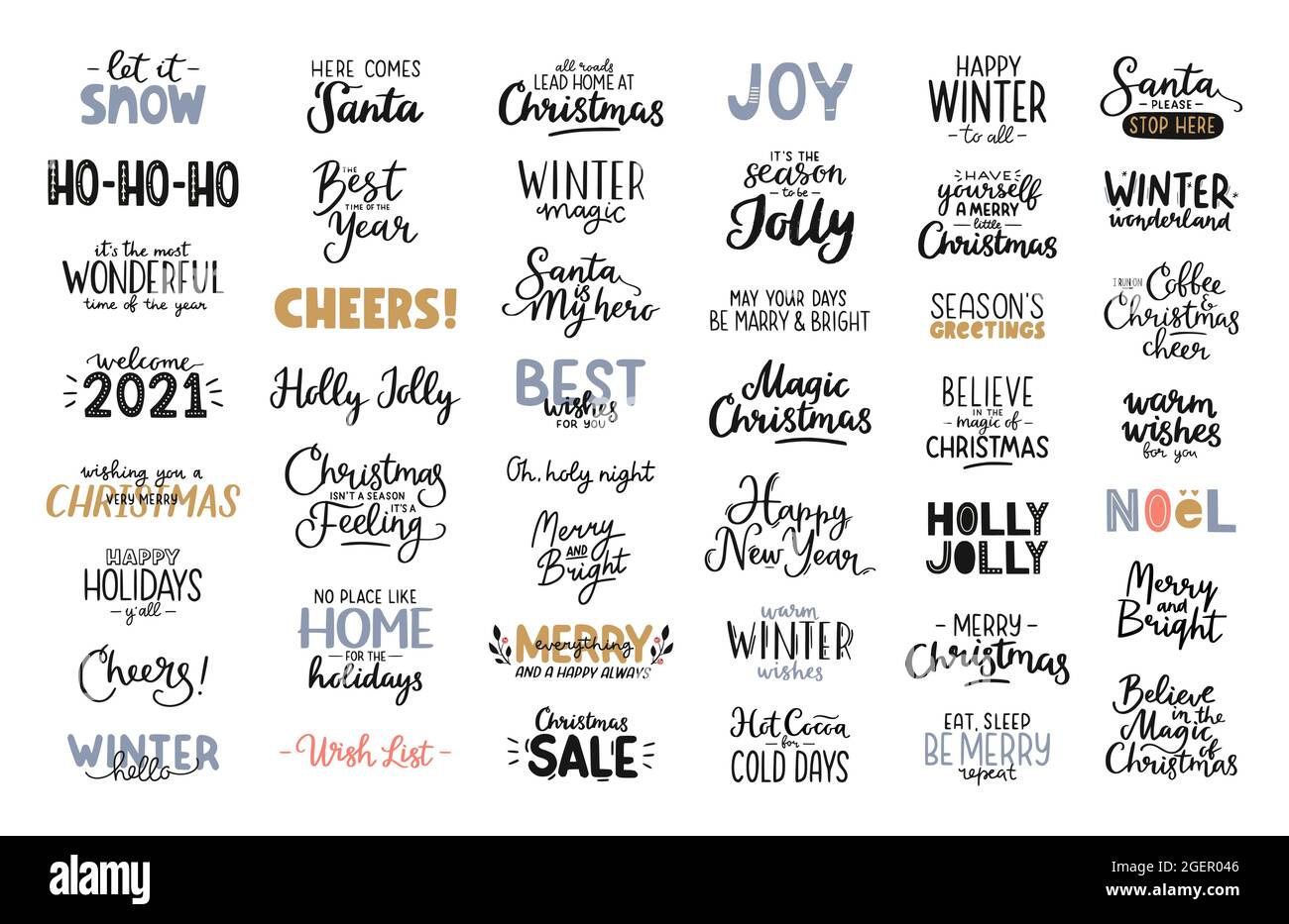 Navidad y feliz año nuevo juego de letras. Citas y frases de vacaciones  dibujadas a mano. Ilustración vectorial para banners, carteles, pegatinas,  tarjetas Imagen Vector de stock - Alamy