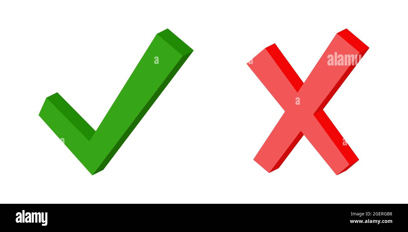 3d símbolo de marca de verificación verde y cruz roja, sí signo hecho y mito  verificados cumplido respuesta correcta Imagen Vector de stock - Alamy