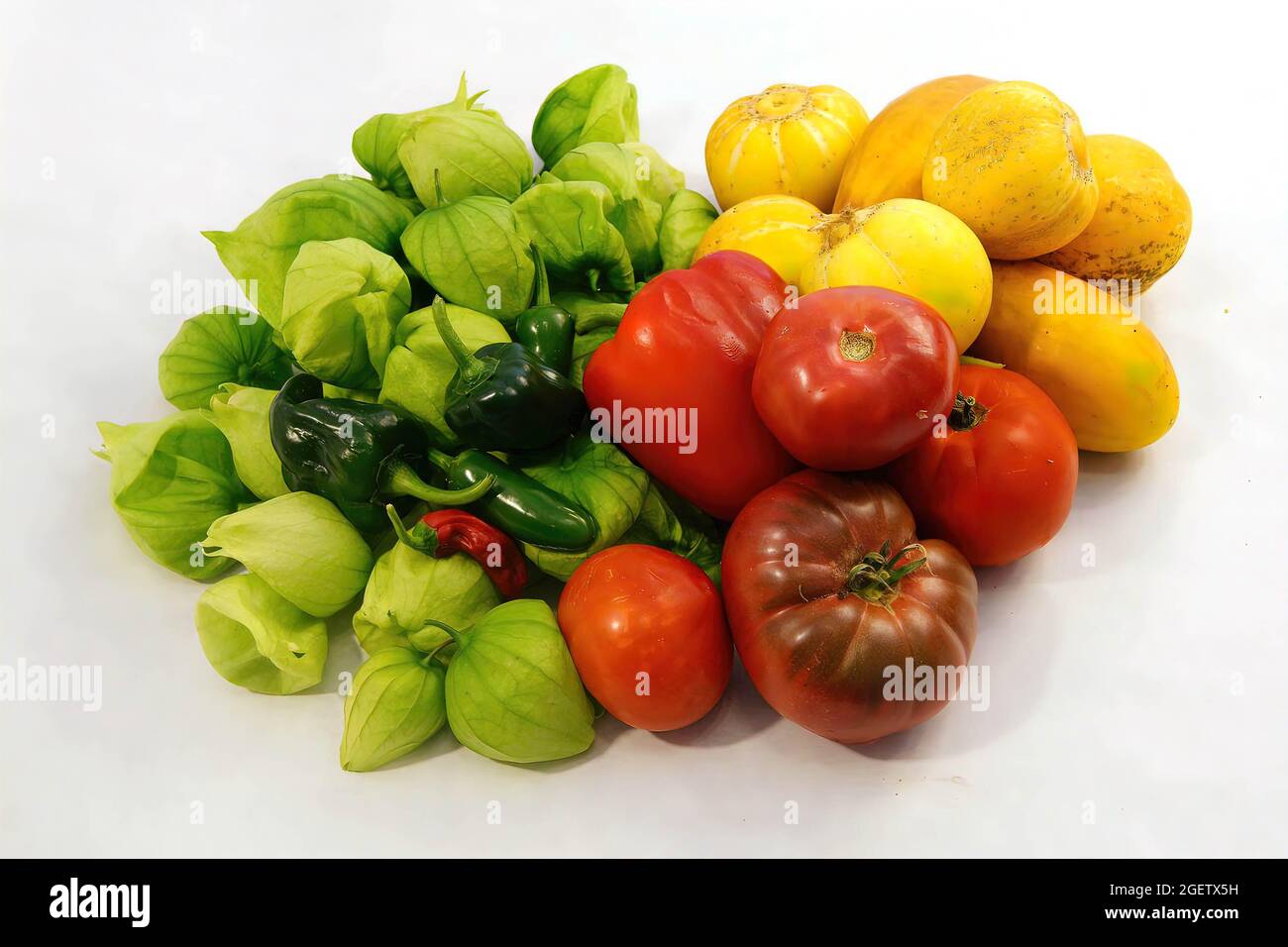 Tomatillo verde, tomates de telar, pepinos amarillos y pimientos de chile para salsa, frescos del jardín de Seattle aislados sobre blanco Foto de stock