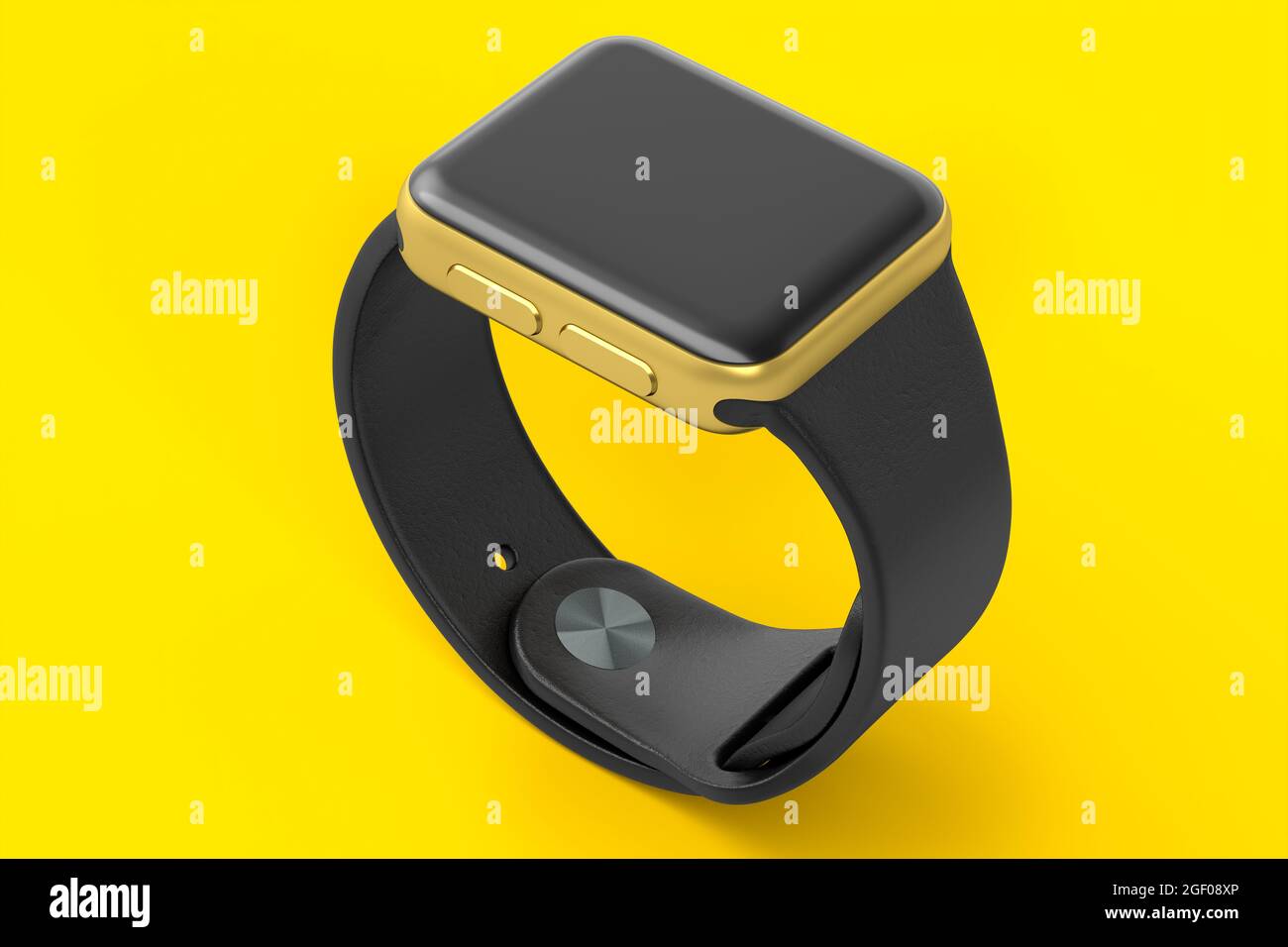 Reloj inteligente dorado inoxidable con correa negra aislada sobre fondo amarillo. 3D Concepto de renderizado de dispositivo portátil de salud y fitness tracker Foto de stock