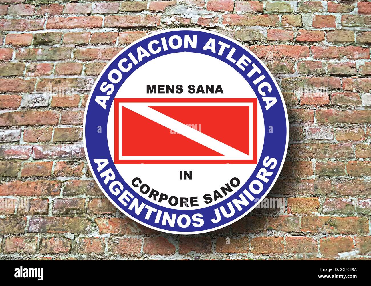 Escudo de armas Argentinos Juniors, La Paternal, Buenos Aires, club de fútbol argentino, fondo de ladrillo Foto de stock
