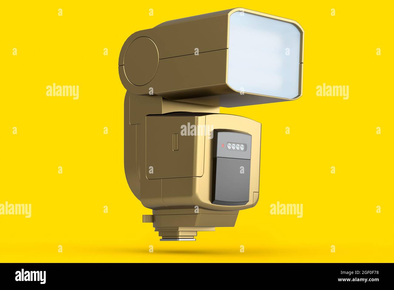 flash externo dorado de la cámara speedlight aislado sobre fondo amarillo. 3D Representación e ilustración de equipos profesionales como estudio profesional Foto de stock