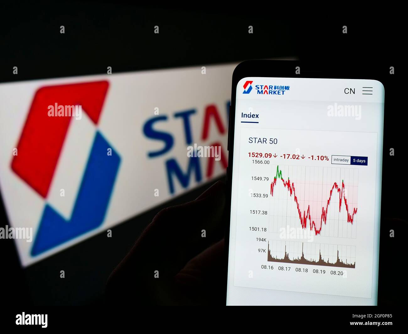 Persona que sostiene el teléfono móvil con la página web de la Bolsa de Valores de Shanghai STAR Market en la pantalla frente al logotipo de la empresa. Enfoque en el centro de la pantalla del teléfono. Foto de stock