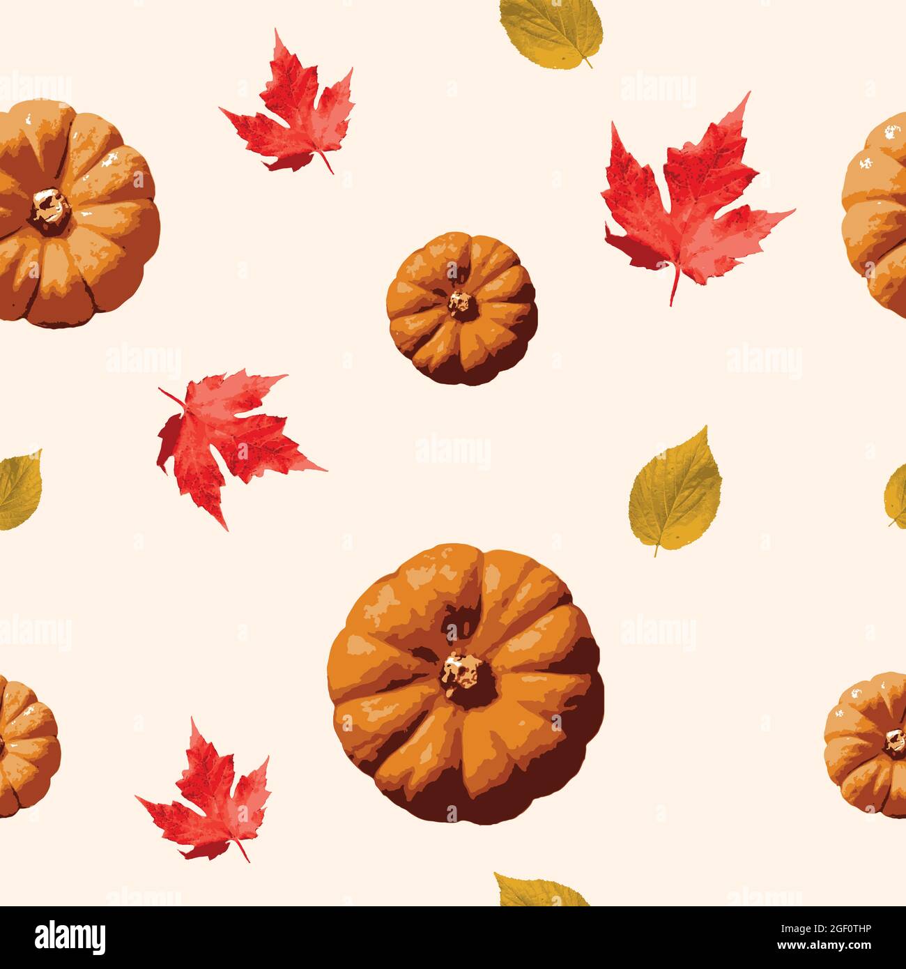 patrón vectorial de otoño sin costuras con hojas rojas y amarillas, y calabazas naranjas. elementos de la temporada de otoño para papel tapiz, fondo, pancarta y saludo. Ilustración del Vector