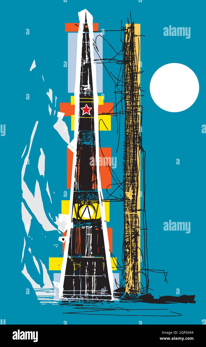 Ilustración de un cohete de luna soviética de estilo expresionista talado en madera Ilustración del Vector