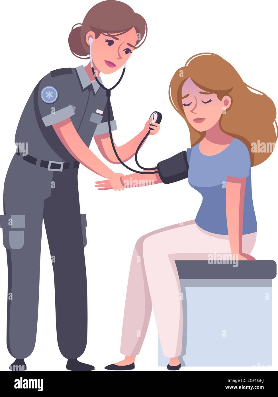 Paramédico que mide la presión arterial a la mujer ilustración de vectores  de dibujos animados Imagen Vector de stock - Alamy