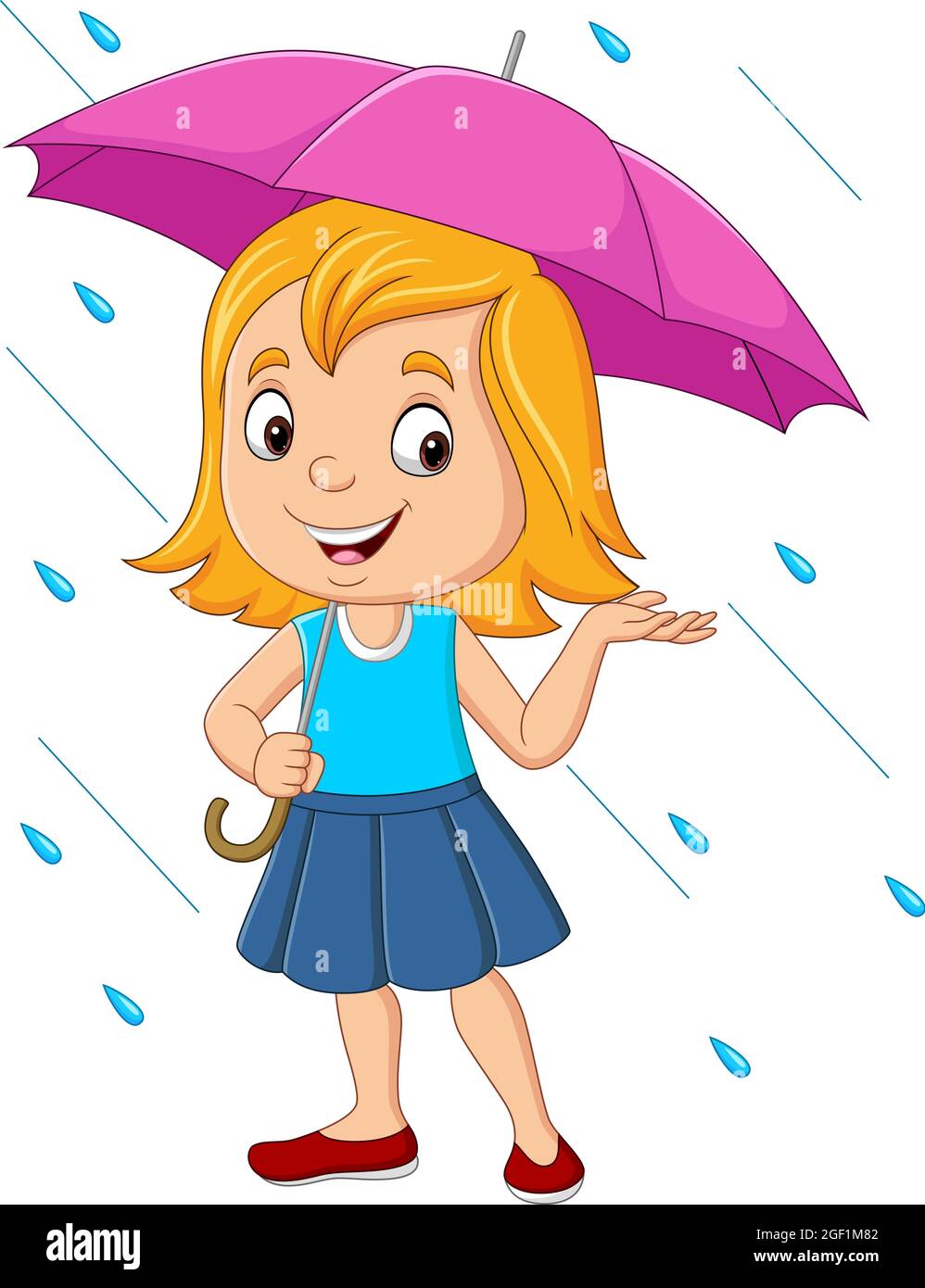 Niña de dibujos animados con paraguas bajo la lluvia Imagen Vector de stock  - Alamy