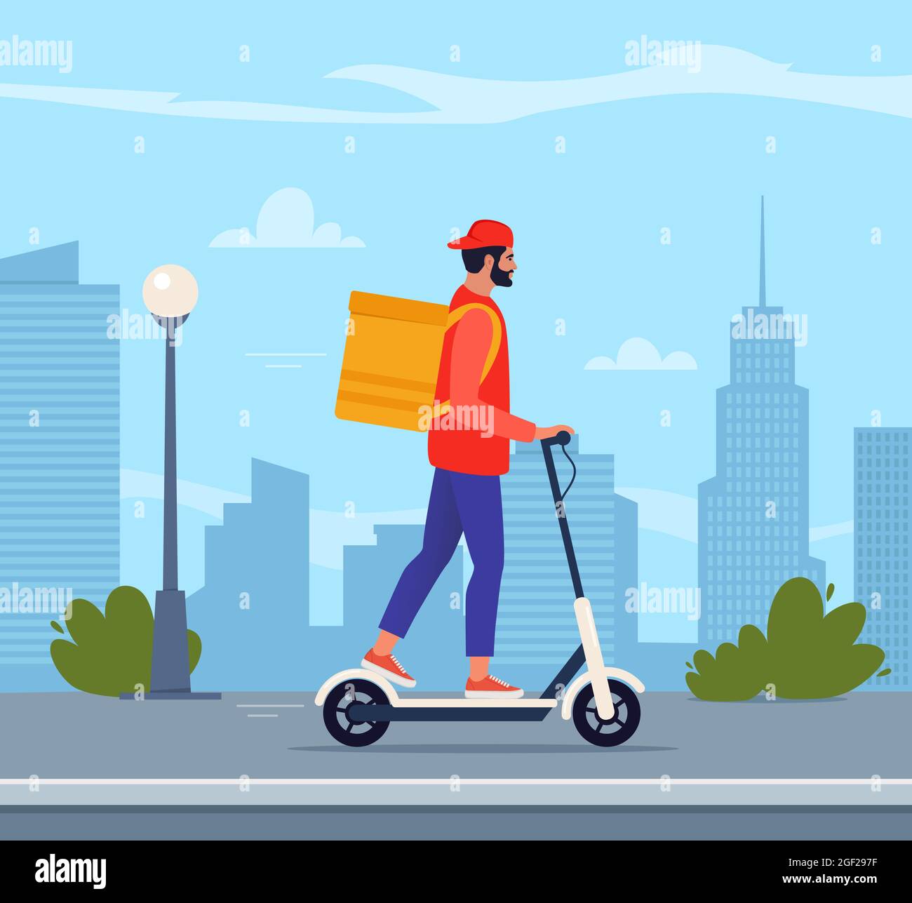 Entrega hombre joven mensajero que monta scooter eléctrico con paquete amarillo caja de producto. Concepto de servicio de envío rápido en la calle de la ciudad. Ilustración vectorial Ilustración del Vector
