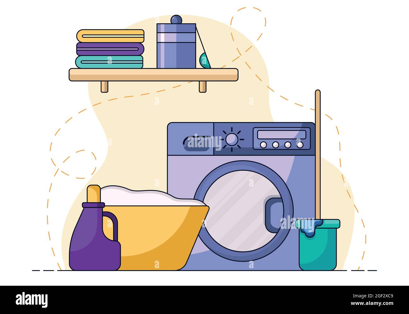 Concepto de limpieza, cesta con ropa sucia y jabón líquido frente a una  lavadora. Ilustración de dibujos animados con productos de limpieza,  fregona y Imagen Vector de stock - Alamy