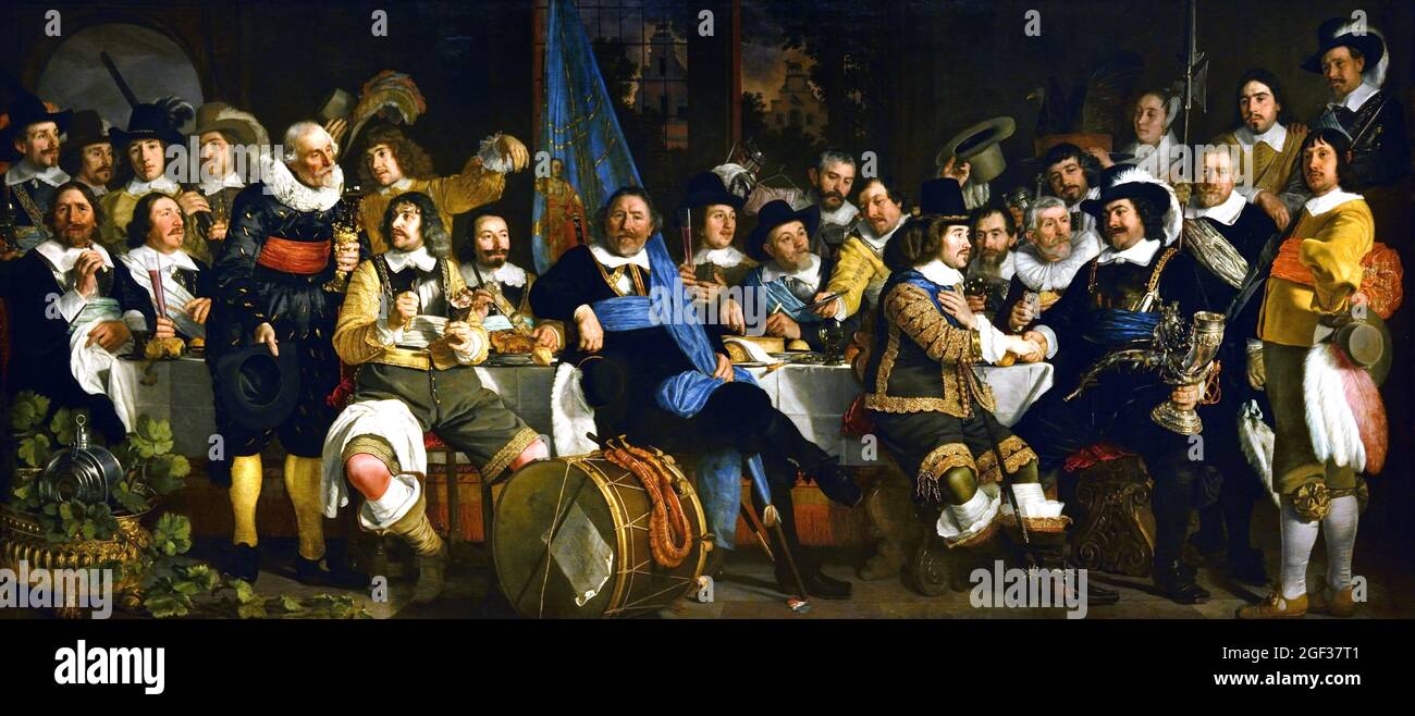 Schuttersmaaltijd ter viering van de Vrede van Munster - Comida de arqueros en celebración de la paz de Munster 1648 por Bartholomeus van der Helst, 1613-1670 óleo sobre lienzo, (18 de junio de 1648 Fiesta en los arqueros de Ámsterdam. Paz de Munster, fin de la guerra con España. Los líderes de la milicia se dan la mano como un signo de paz, el cuerno de beber está haciendo las rondas. . Holandés, Países Bajos.) Ochenta años, Guerra, Español, Holandés, Países Bajos, Guerra de los ochenta años (1568-1648), guerra de independencia de los Países Bajos de España, Foto de stock