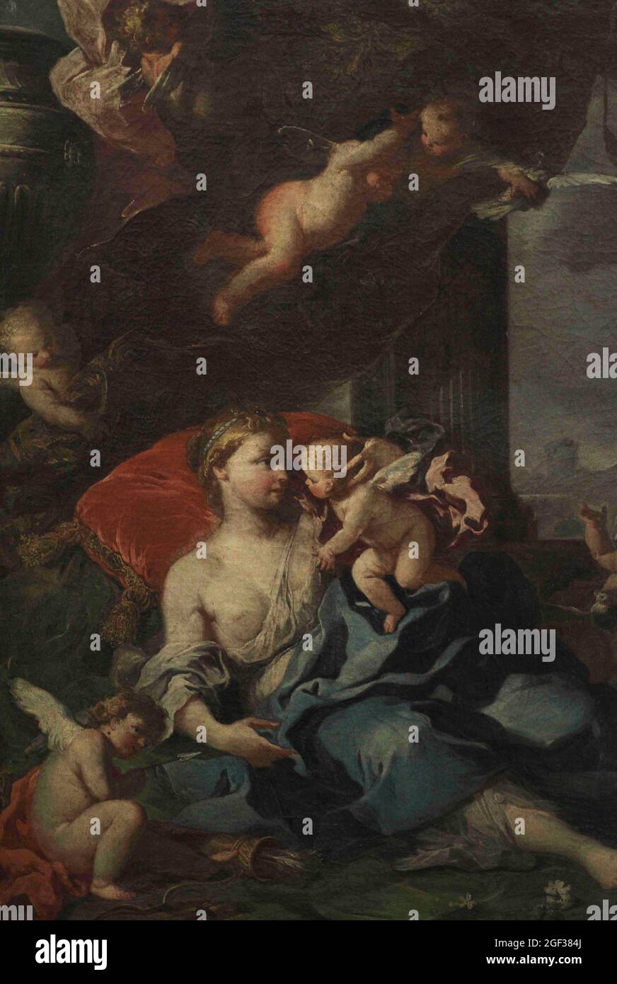 Atribuido a Filippo Falciatore (activo entre 1728 y 1768). Alegoría del Amor. La Diosa del amor Venus, vestida con suntuosas cortinas, se reclina Foto de stock
