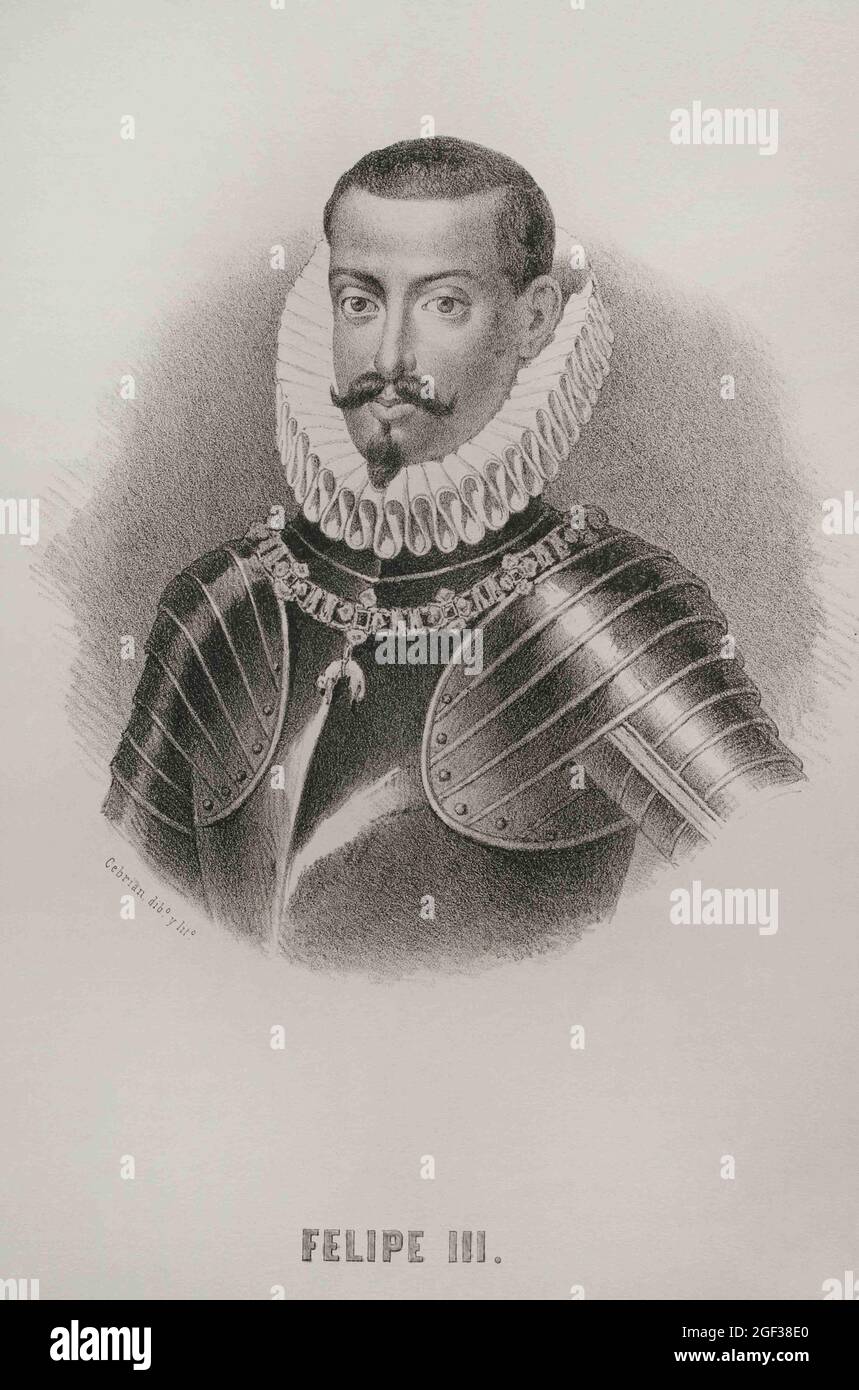 Felipe III (1578-1621). Rey de España (1598-1621) y también, como Felipe II, Rey de Portugal, Nápoles, Sicilia y Cerdeña. Retrato, siglo 19th. Ilus Foto de stock