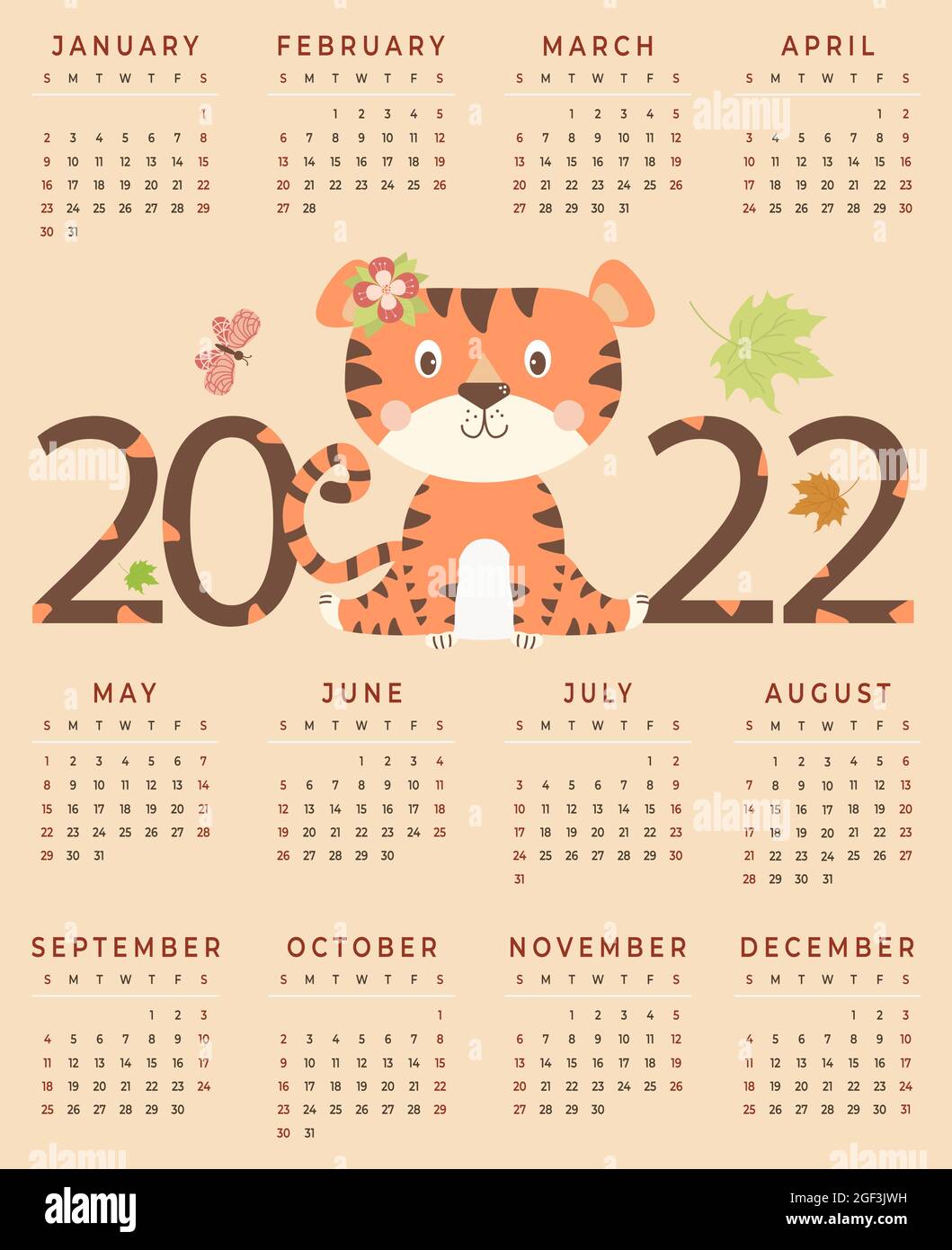 Calendario 2022. Tigre - un símbolo: ilustración de stock 2013701042