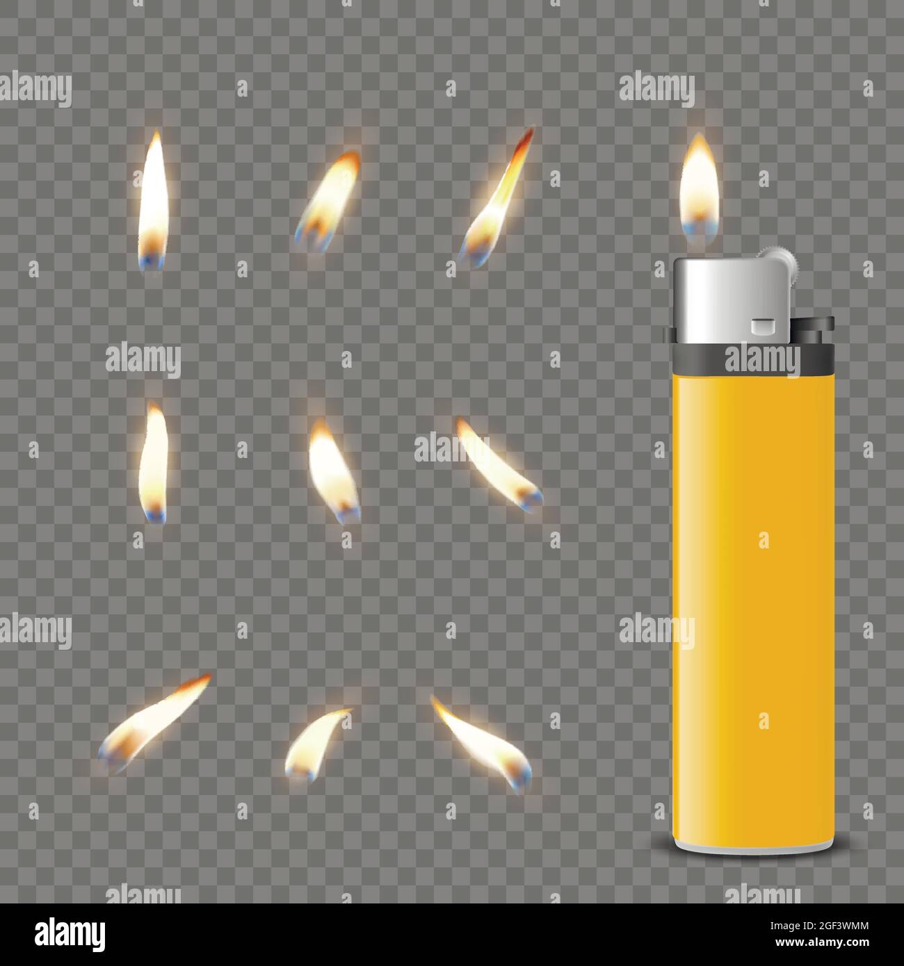 Vector 3D Realista Blanco Amarillo Lechero de gasolina y Fuego con Fuego  Icono Conjunto Aislante. Fuego de un encendedor. Plantilla de diseño de  llama más ligera Imagen Vector de stock - Alamy