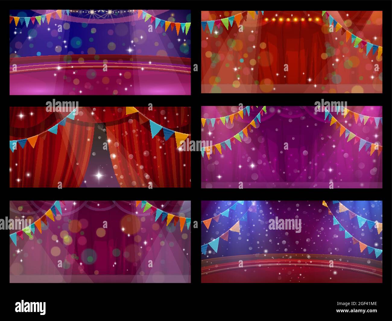 Escenario interior de circo y teatro con cortinas, feria de carnaval.  Escenario de circo o espectáculo de teatro con cortinas de cortinas rojas,  bandera Imagen Vector de stock - Alamy