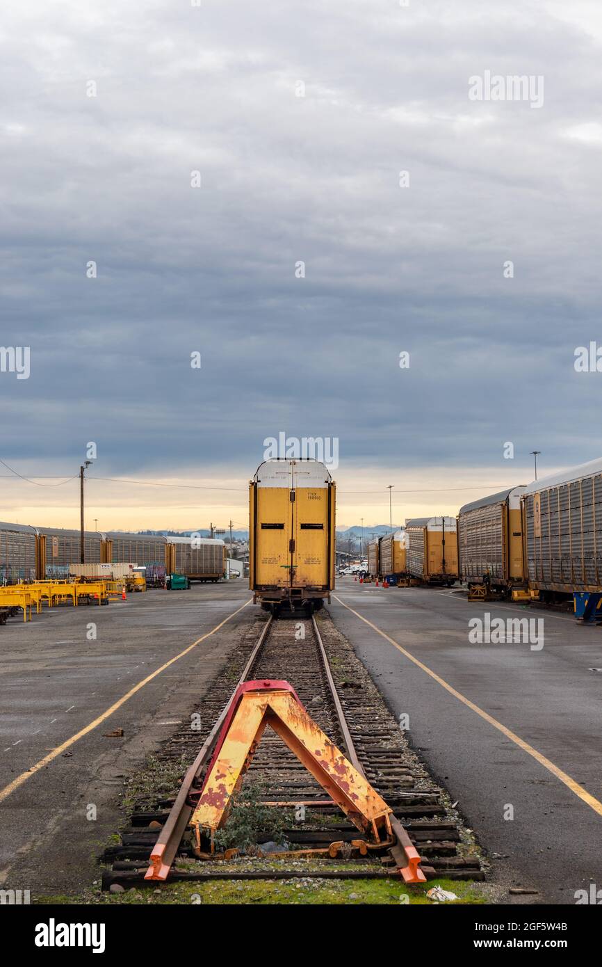 Tren de coches al final de una pista en un patio de ferrocarril Foto de stock