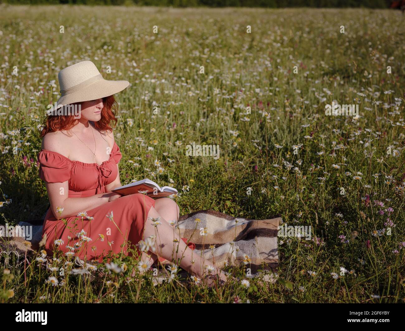 mujer de pelo rojo vistiendo vestido y sombrero en el campo de la tarde del  verano de margaritas leyendo un libro mientras que se sienta en una manta .  concepto de detox