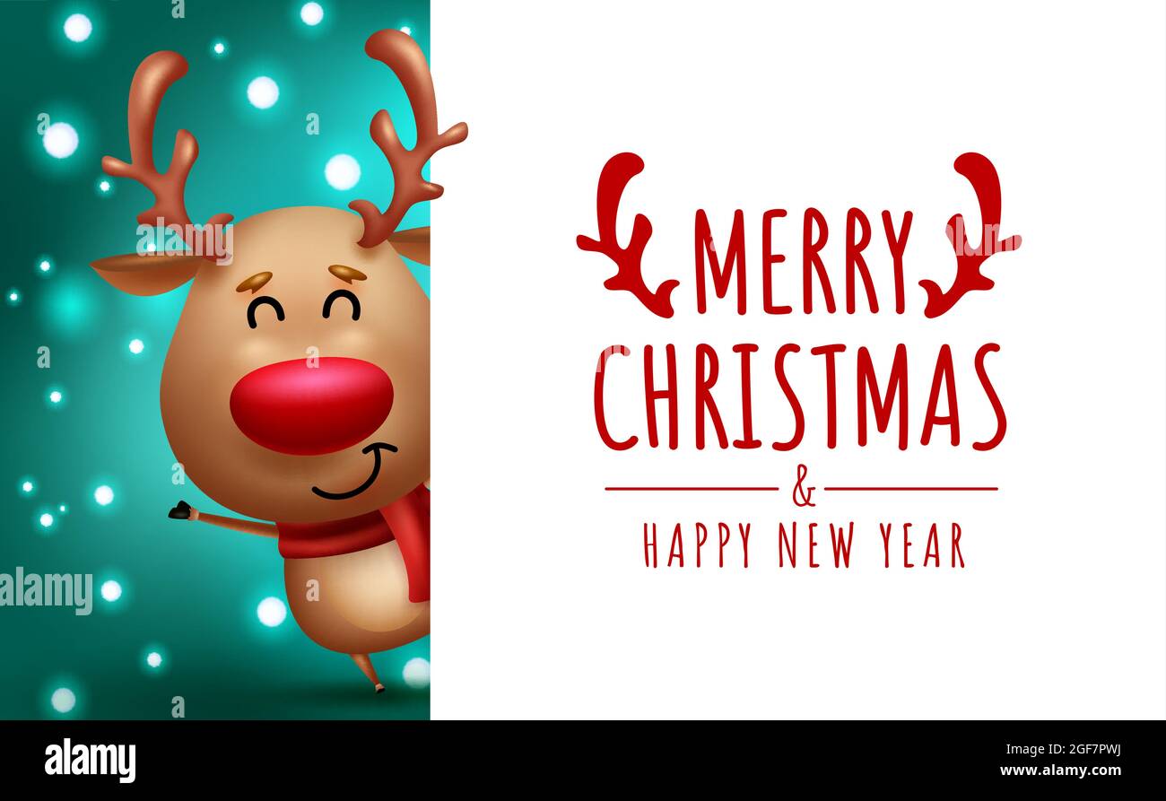 Diseño de plantilla con diseño de diseño de vector de reno de Navidad. Feliz Navidad saludo texto en vacío espacio en blanco con lindo waving reno carácter para la temporada de vacaciones Diseño de plantilla con diseño de diseño de vector de reno de Navidad. Feliz Navidad saludo texto en vacío espacio en blanco con lindo waving reno carácter para la temporada de vacaciones