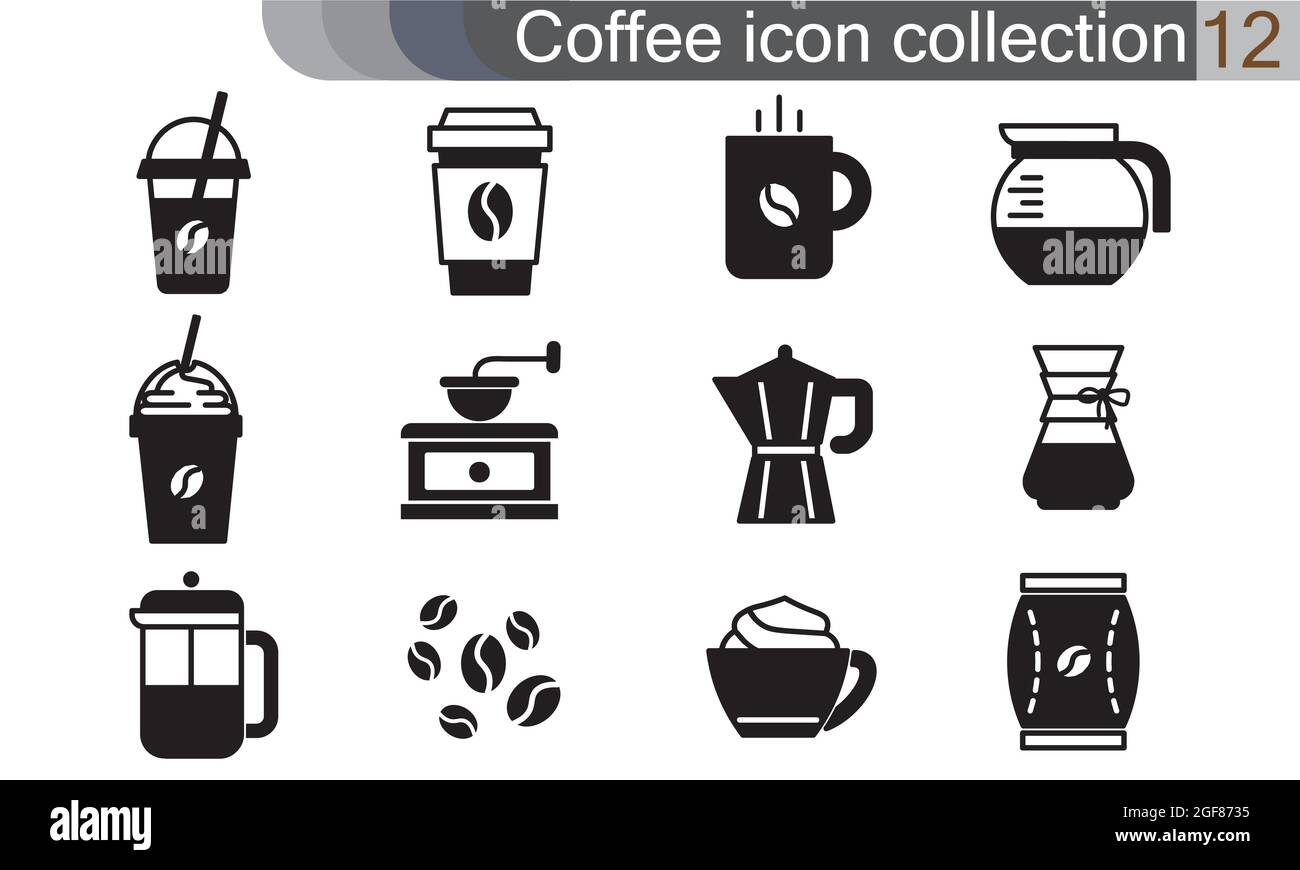 Icono de café ajustado en estilo de línea fina. Café y restaurante  elementos de diseño de identidad corporativa. Cafetera o pictogramas  vectoriales de la cafetería. Bebidas calientes Imagen Vector de stock -