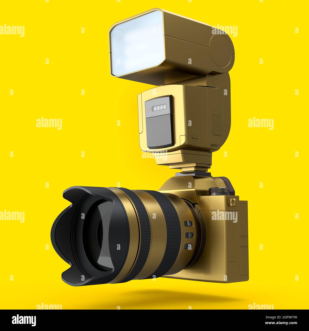 Concepto de cámara DSLR inexistente en oro con lente y flash externo speedlight aislado sobre fondo amarillo. 3D Representación de fotografía profesional Foto de stock