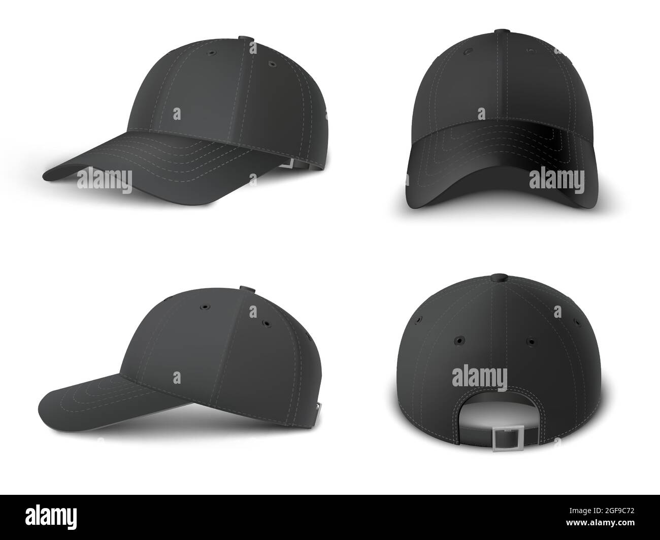 Tapa negra realista Mockup, realista 3D. Plantilla en blanco HAT. Gorras de  béisbol negras, juego de maquetas vectoriales Imagen Vector de stock - Alamy