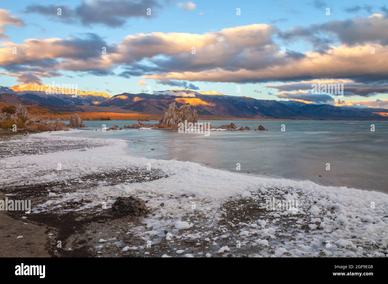 Las espumas blancas se forman a lo largo de la orilla del lago debido al viento en una mañana otoñal en Mono Lake, California, Estados Unidos. Foto de stock