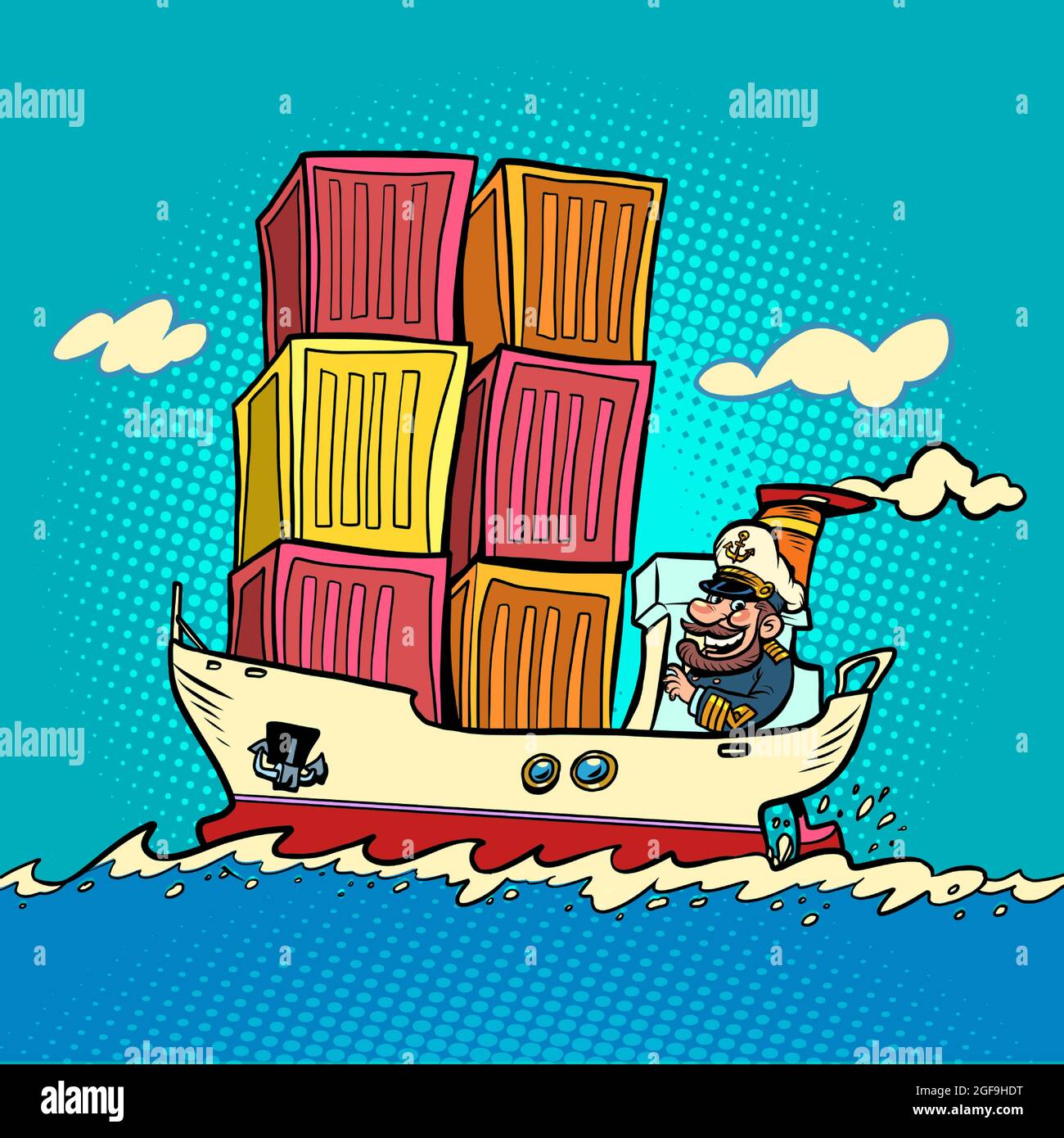 envío de contenedores de barcos, personaje de cómic del capitán marinero. Transporte de carga Ilustración del Vector